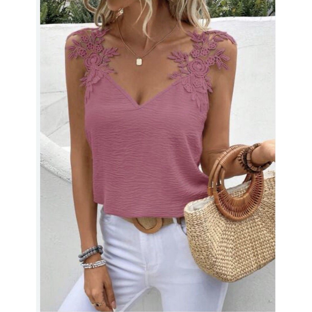 Frenchy Guipure Lace Grain Panel Tank Top For Summer Vacation Casual Pink Large